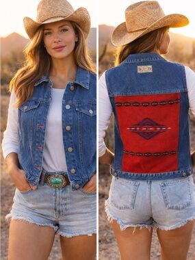 Pendleton Denim Vest Women Large Blue Southwestern Wool Panel Western
